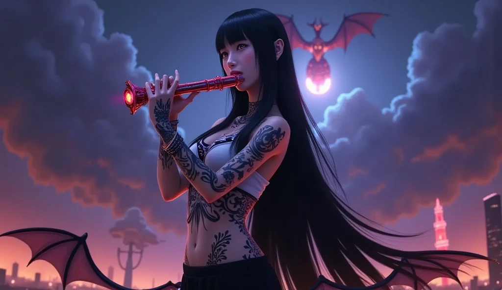 a demonic figure playing a flute, fantasy, anime, horror, detailed character design, intricate details, dark moody atmosphere, dramatic lighting, vibrant colors, digital painting, highly detailed, cinematic composition, masterpiece