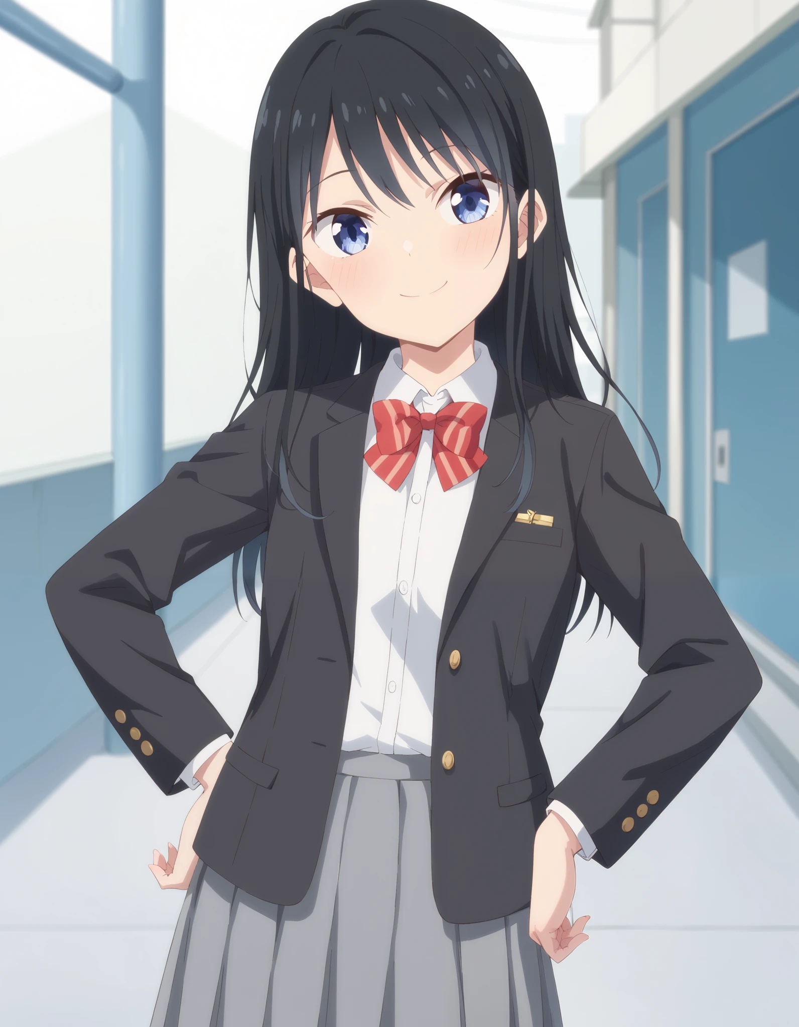 Masterpiece, hd, 1girl, nanakura Rin, small breasts, thing leg, black hair, blue eyes, long hair, wearing white collared shirt, black color blazer opened jacket, red bowtie, wearing gray skirt, miniskirt, cute girl, cute character, smile, Standing, potrait, looking at viewer, hand on hips, smile, outdoor, school background