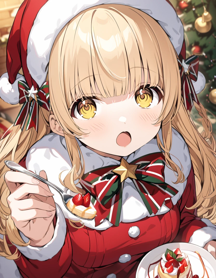 masterpiece, Official Art ,8k, masterpiece, top quality, very detailed, shiina mahiru ,yellow eyes, blonde hair,long hair,Christmas,santa costume, medium breast,feeding, food, open mouth, incoming food, looking at viewer, holding fork, cake, from above, upper body, looking down