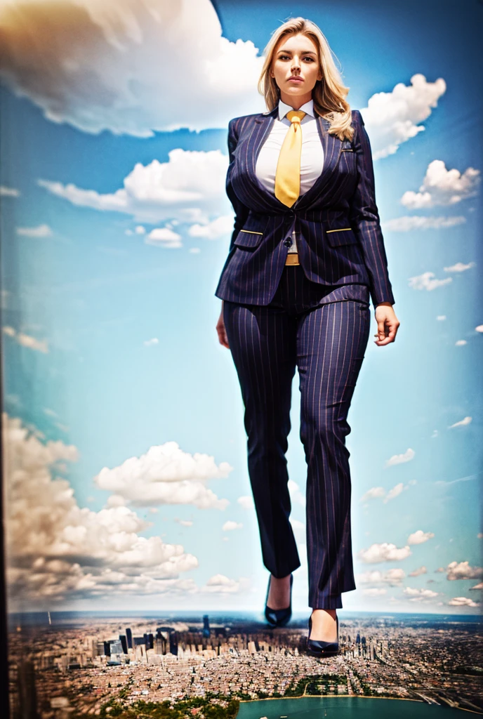 Looking up at the approaching young giantess, Giantess art, 500 miles tall giga giantess, young sophisticated and stylish woman in a light grey italian pinstriped trouser suit, form fitting crisp office shirt, and a large wide yellow necktie in a windsor knot, with a beautiful, curvaceous figure, large natural breasts, and long wavey blonde hair, with a curvaceous figure and massive breasts. wearing blue rounded court high heels with uncovered feet and standing, rampage-like pose, with a city skyscrapers background of mega-city, skyscapers, partially obscured by a hazy, cloudy atmosphere. The image is a high-resolution, masterpiece-quality, cinematic, ultra-detailed, and hyper-photorealistic photograph, with perfect hands, face, and lighting. ultra-detailed, 8K, photo-realistic, hyper-realistic, masterpiece, intricate details, full body view. Looking at camera, The image is a high-resolution, masterpiece-quality, cinematic, ultra-detailed, and hyper-photorealistic photograph, with perfect hands, face, and lighting. ultra-detailed, 8K, photo-realistic, hyper-realistic, masterpiece, intricate details,