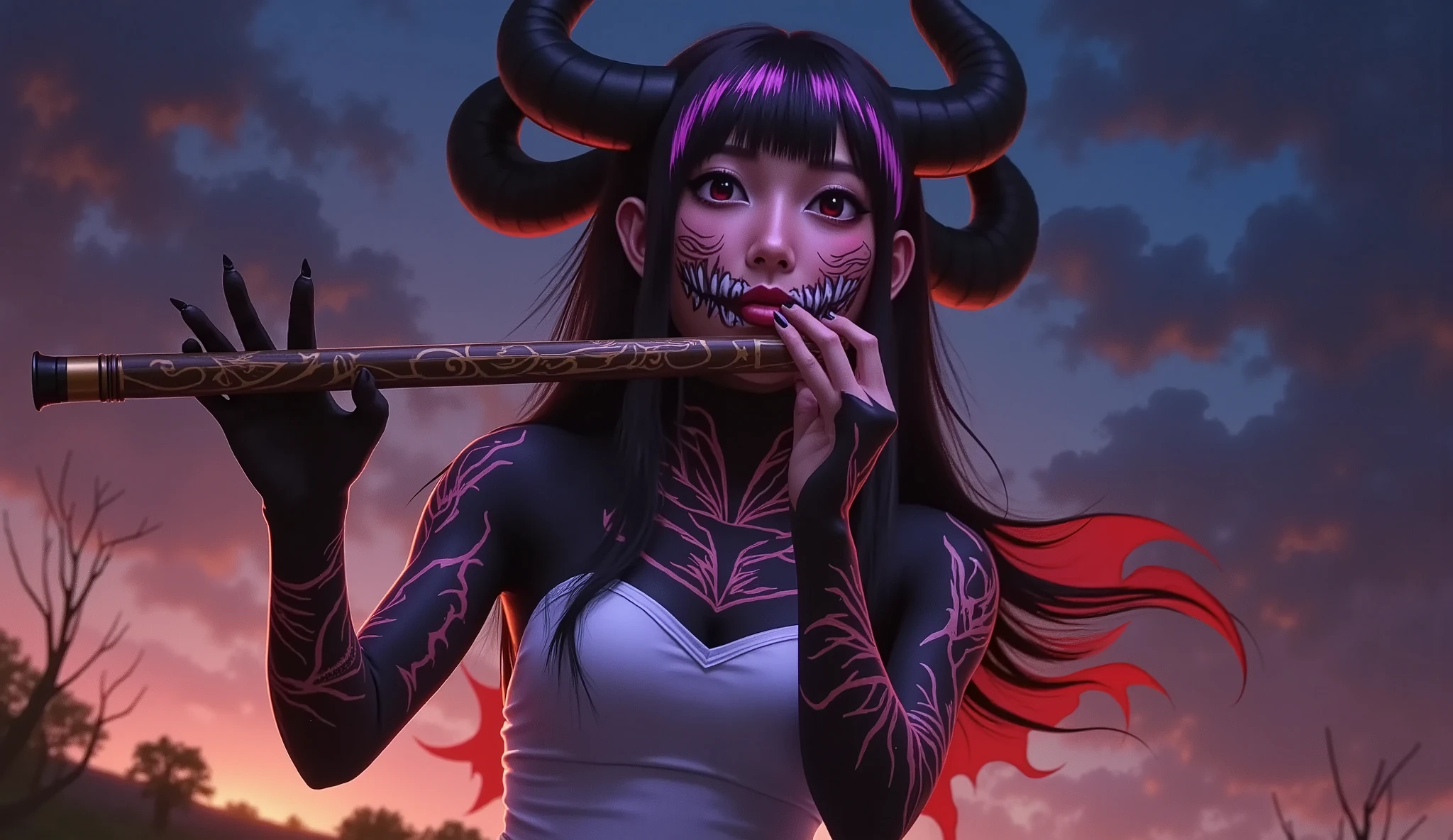 a demonic figure playing a flute, fantasy, anime, horror, detailed character design, intricate details, dark moody atmosphere, dramatic lighting, vibrant colors, digital painting, highly detailed, cinematic composition, masterpiece