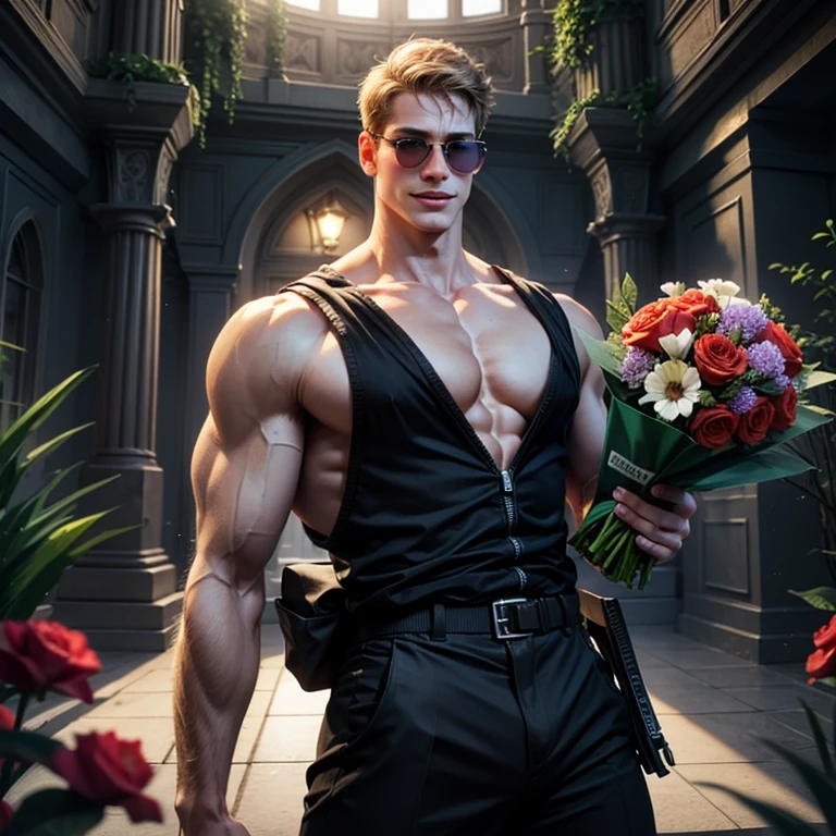 il y a un homme debout devant un portail avec un objet rose, Torse nu :: high detail, alchimiste fantastique masculin maigre, Personnage masculin, Belle pose d'anime, beef cake pose, Sneaky evil male, heroic pose masculine, en tant que personnage de tekken, highly detailed full body, mid-plane d'un beau mec, Male demon, very detailed character, pose masculine