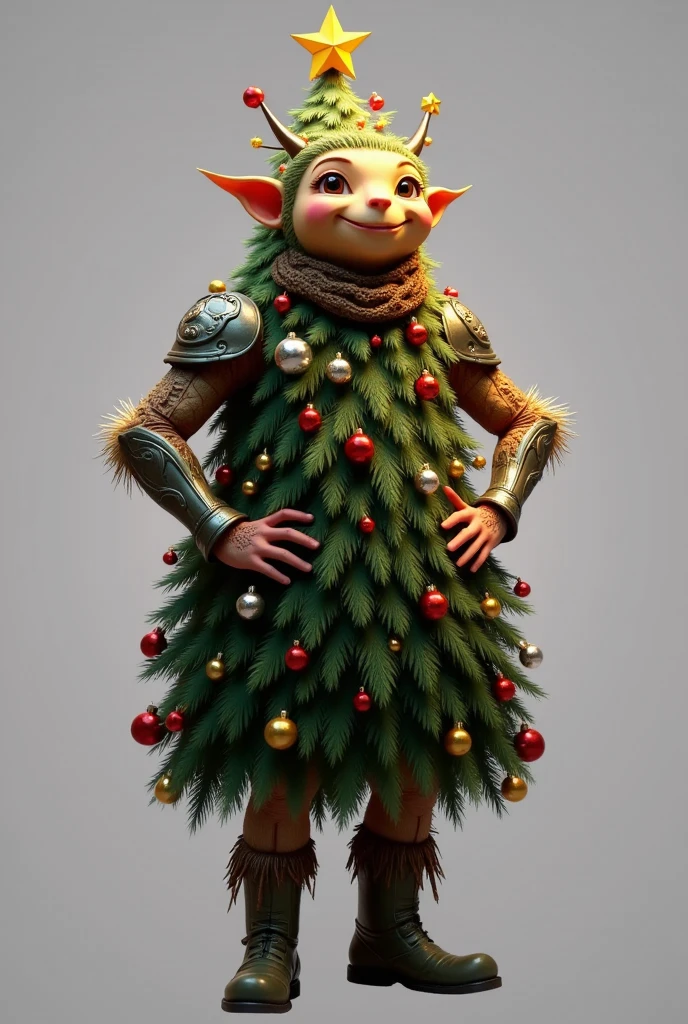 generate images of (fat) character of (emoji head) zany scarecrow with a dark fantasy theme,(hands on hips:1.5),  highly intricate Christmas tree costume, armor must be inspired by Christmas tree, elegant, and visually striking, highly detailed boots, resembling digital paintings, Concept art must be highly detailed and flaunt beauty, Artwork will be created by highly skilled artists known for their attractive, high-quality models. Character designs will be created by Pascal Bran Schrutkowski, known for his hyper-realism. Images must be of the highest quality with cinematic lighting and 16K resolution. Great attention to symmetry will be used to make the characters mysterious and alluring. Artwork must be a masterpiece that displays total perfection and amazing attention to detail, including macro details, voluminous light, realistic reflections on surfaces, and ultra-detailed textures. Utilize cinematic effects to enhance the overall visual impact. For best quality, images should be UHD and in sharp focus,,score_9, score_8_up, score_7_up, score_6_up, score_5_up, score_4_up,