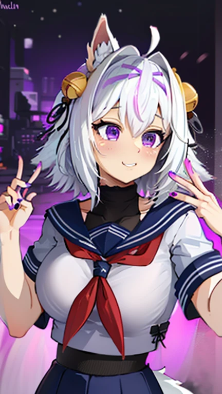 Filian, purple eyes,white hair,short hair, ahoge, animal ears, hair bell, hairband tail, purple nails l, large breasts, wearing school clothes, cute face 