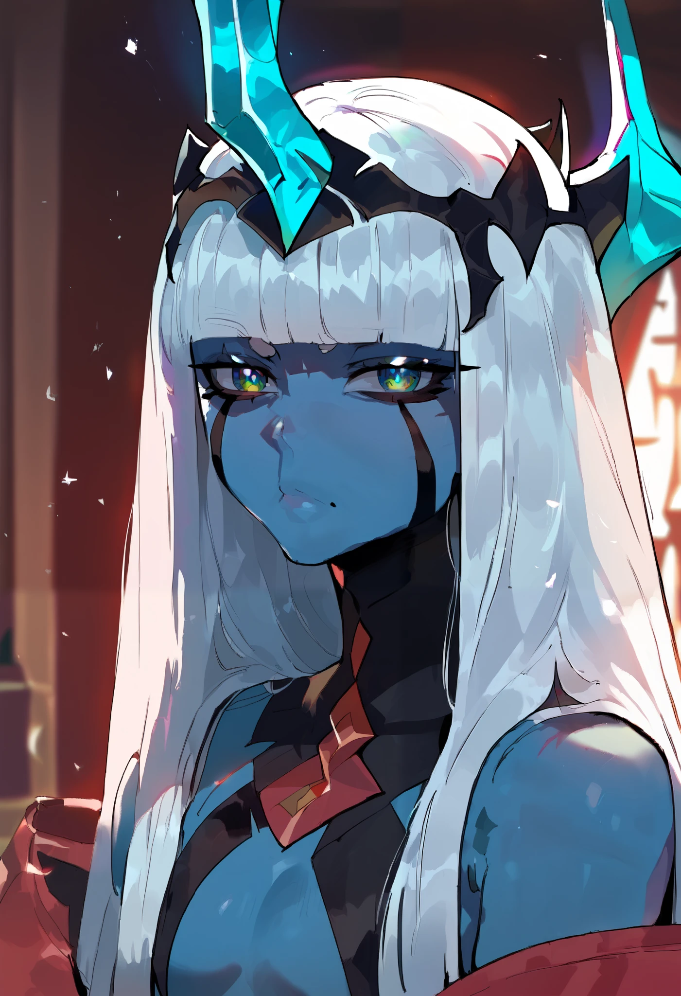 score_9, score_8_up, score_7_up, source_anime, masterpiece, perfectly detailed, detailed face, detailed eyes, beautiful eyes, Klaxosaur Princess, 001 (darling in the franxx), zero one (darling in the franxx), 1girl, horns, long hair, colored skin, looking at viewer, white hair, closed mouth, upper body, blunt bangs,Butcha,score_9_up, hot, nsfw