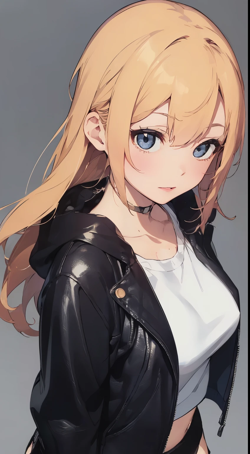 (masterpiece:1.2),8k, beautiful, high quality,
(Flat Illustration Art:1.2), (poster art:1.2),
Cute tanned girl, ((MEGUMI)), rock musician,
curly hair, blue eyes, (blond hair:1.9),
(makeup lipstick eyeliner mascara eyeshadow:1.1) dark skin, Mole under the eye, Rings, Necklaces, (shaking breasts:1.5),
(High school girl:1.3), long hair, ponytail, Laughter, ((Feminine charm, Pervert girl)), (Cleavage between breasts:1.1), (Uniform of black leather jacket and check mini skirt:1.5), Full body photo, ((gray background:1.5)),