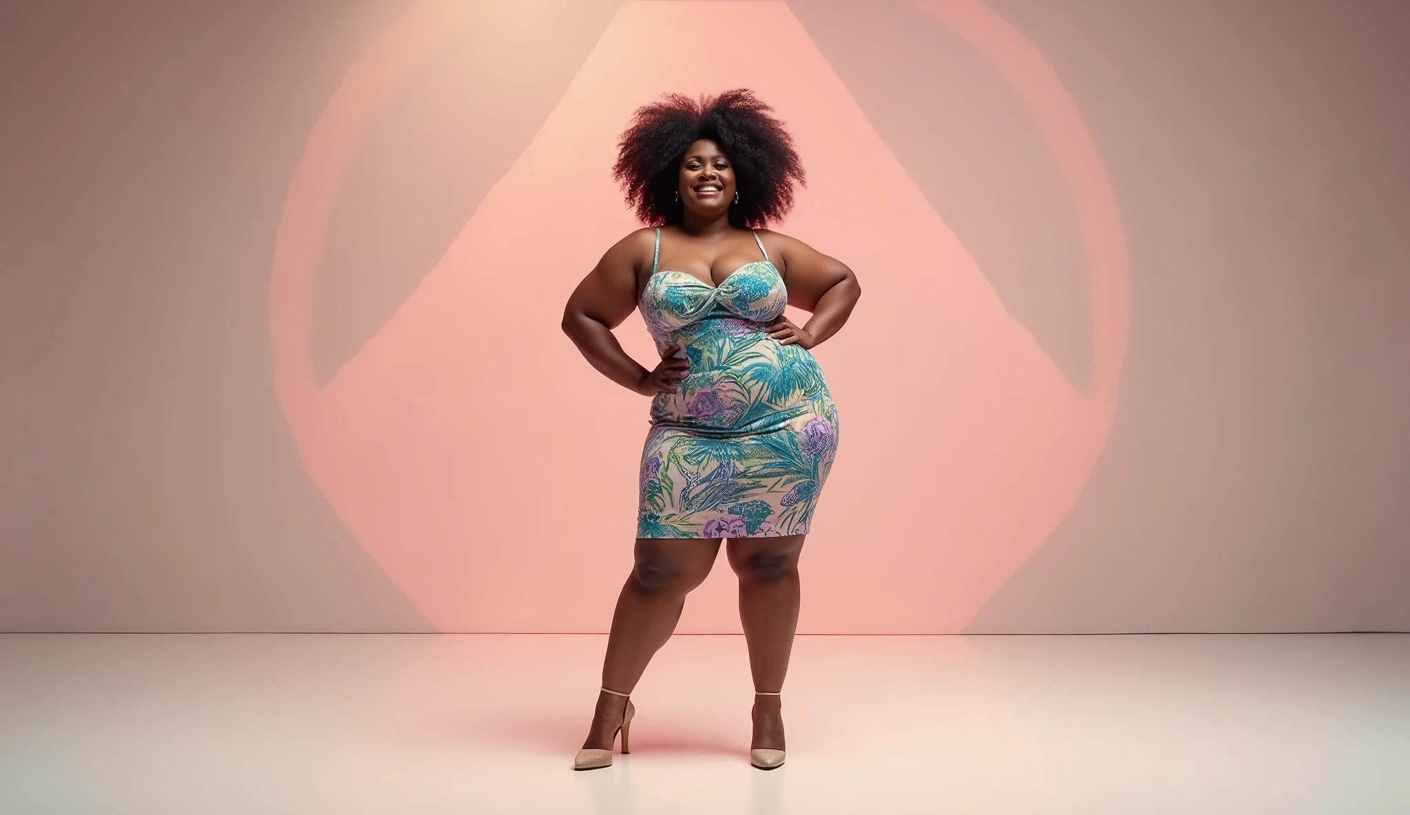 Petite black middle aged woman with a fat butt in a pink sundress bending to pick up a pen