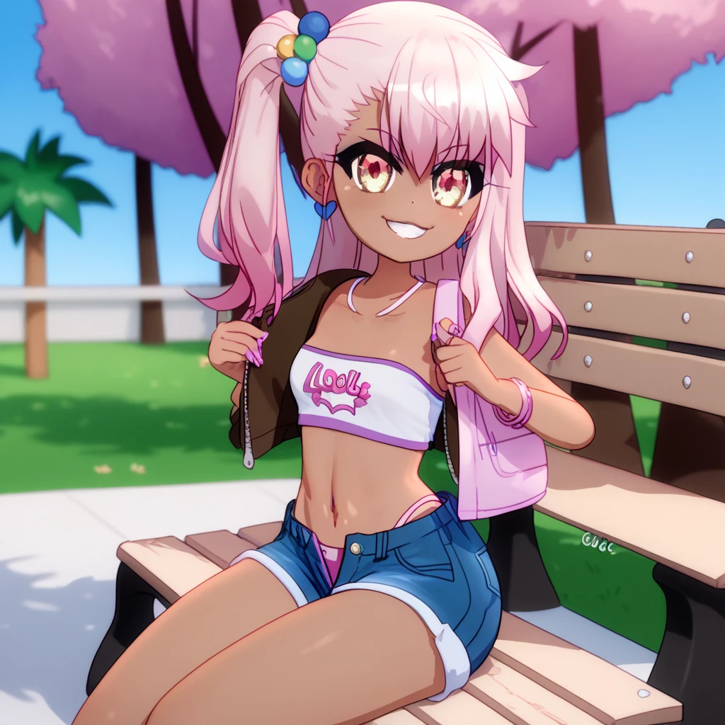 1girl,solo,smile,outdoor,midriff, pink tube top, denim hotpants, open fly, beld, gyaru clothes, thighighs,sitting,bench, chloe,dark_skinned_female,dark_skin,long_hair,pink_hair,yellow_eyes,hair_between_eyes,white_hair,bangs,small_breasts,,half_updo,one_side_up, young girl, (li:1.3), slender waist, nice hips, slut, side ponytail,