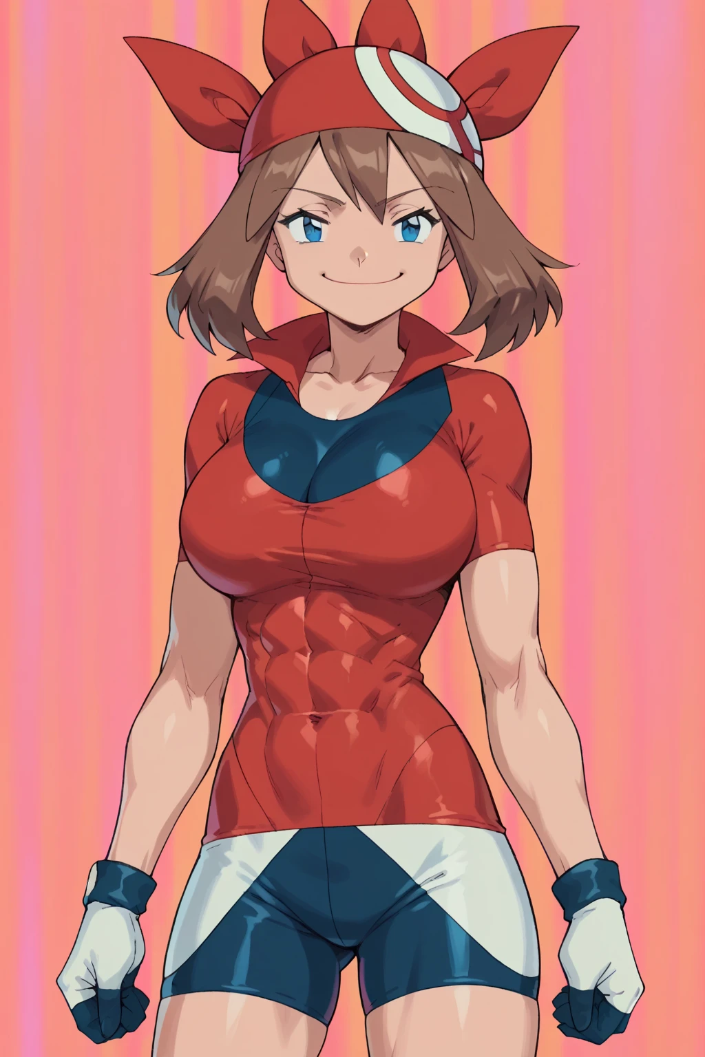 score_9, score_8_up, score_7_up, score_6_up, BREAK, pokemonmay, solo, blue eyes, brown hair, short hair, 
red bandana, red shirt, short sleeves, gloves, black shorts, open shirt, torso, smug smile, 
gigantic bust, toned, muscles, hourglass body, 
