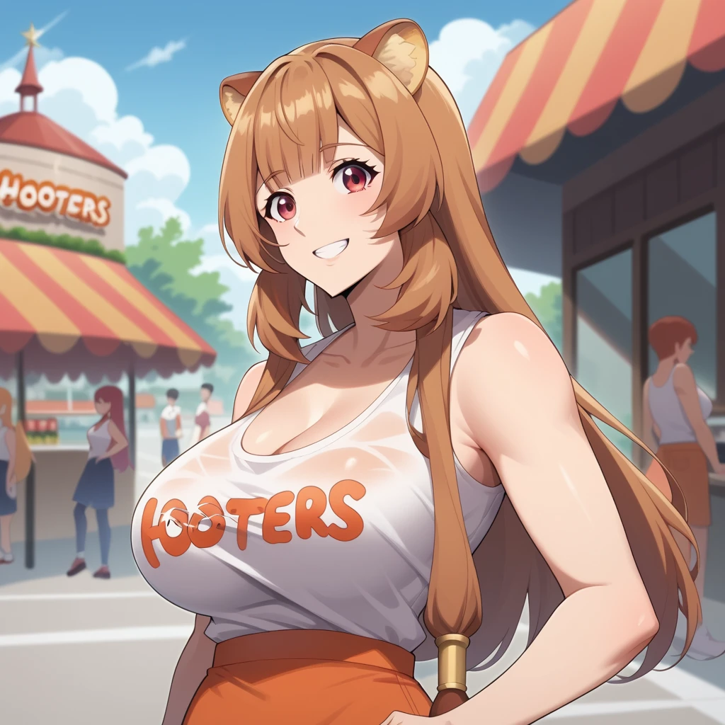 ( High quality  ,  masterpiece )raphtalia ,  orange hair with red tips ,  red eyes like rubies  ,  smile,   usa Hooters sleeveless blah shirt. background a city .  big breasts.  big breasts. neckline.