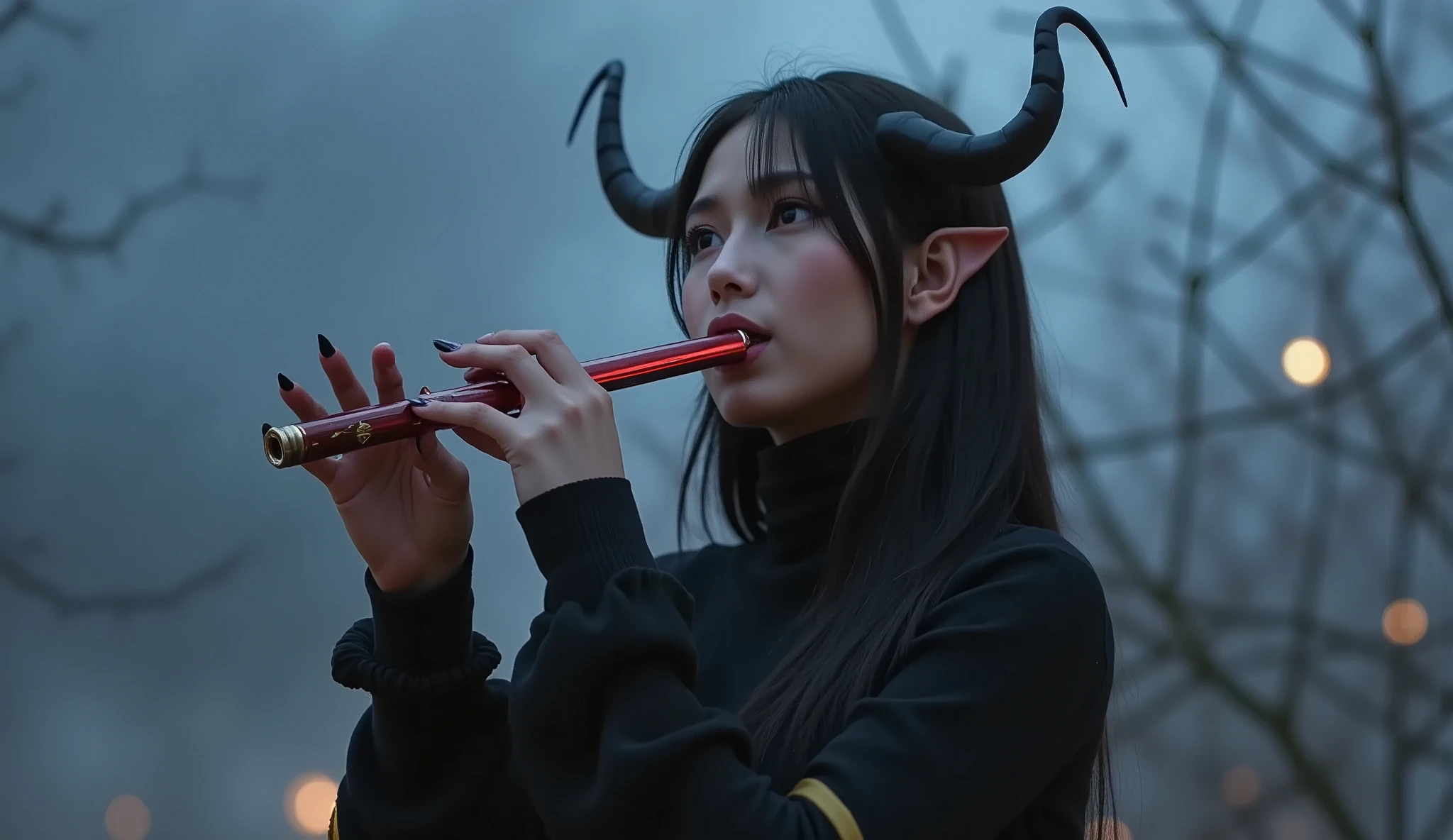 a demonic figure playing a flute, fantasy, anime, horror, detailed character design, intricate details, dark moody atmosphere, dramatic lighting, vibrant colors, digital painting, highly detailed, cinematic composition, masterpiece