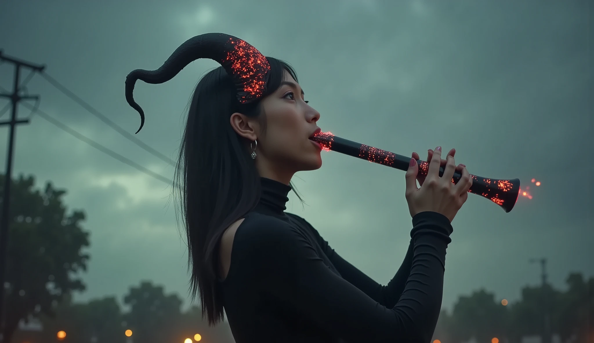 a demonic figure playing a flute, fantasy, anime, horror, detailed character design, intricate details, dark moody atmosphere, dramatic lighting, vibrant colors, digital painting, highly detailed, cinematic composition, masterpiece