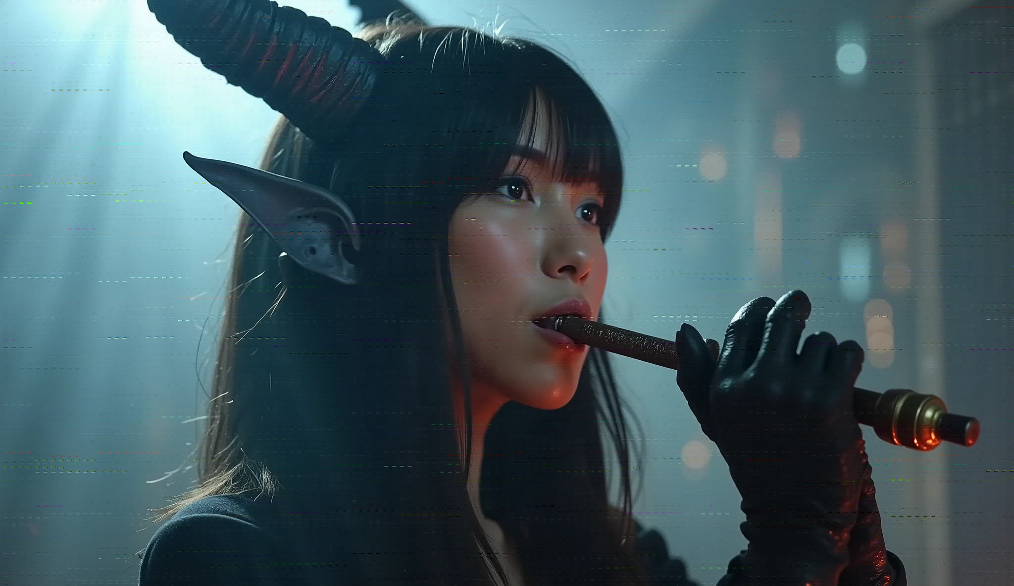 a demonic figure playing a flute, fantasy, anime, horror, detailed character design, intricate details, dark moody atmosphere, dramatic lighting, vibrant colors, digital painting, highly detailed, cinematic composition, masterpiece