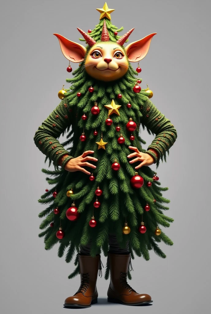 generate images of (fat) character of (emoji head) zany scarecrow with a dark fantasy theme,(hands on hips:1.5), (art by Peter Mohrbacher:1.2),  highly intricate Christmas tree costume, armor must be inspired by Christmas tree, elegant, and visually striking,, resembling digital paintings, Concept art must be highly detailed and flaunt beauty, Artwork will be created by highly skilled artists known for their attractive, high-quality models. Character designs will be created by Pascal Bran Schrutkowski, known for his hyper-realism. Images must be of the highest quality with cinematic lighting and 16K resolution. Great attention to symmetry will be used to make the characters mysterious and alluring. Artwork must be a masterpiece that displays total perfection and amazing attention to detail, including macro details, voluminous light, realistic reflections on surfaces, and ultra-detailed textures. Utilize cinematic effects to enhance the overall visual impact. For best quality, images should be UHD and in sharp focus,,score_9, score_8_up, score_7_up, score_6_up, score_5_up, score_4_up,