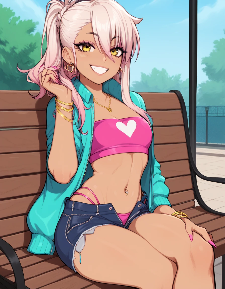 1girl,solo,smile,outdoor,midriff, pink tube top, denim hotpants, open fly, beld, gyaru clothes, thighighs,sitting,bench, chloe,dark_skinned_female,dark_skin,long_hair,pink_hair,yellow_eyes,hair_between_eyes,white_hair,bangs,small_breasts,,half_updo,one_side_up, young girl, loli:1.3, (afrobull), slender waist, nice hips, slut