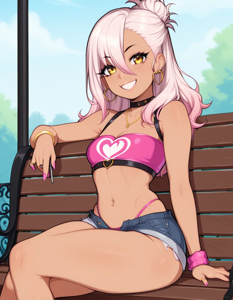 1girl,solo,smile,outdoor,midriff, pink tube top, denim hotpants, open fly, beld, gyaru clothes, thighighs,sitting,bench, chloe,dark_skinned_female,dark_skin,long_hair,pink_hair,yellow_eyes,hair_between_eyes,white_hair,bangs,small_breasts,,half_updo,one_side_up, young girl, loli:1.3, (afrobull), slender waist, nice hips, slut