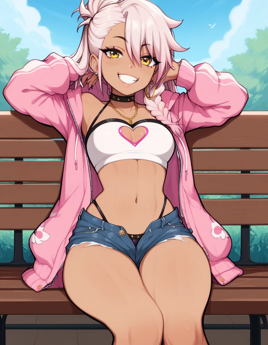 1girl,solo,smile,outdoor,midriff, pink tube top, denim hotpants, open fly, beld, gyaru clothes, thighighs,sitting,bench, chloe,dark_skinned_female,dark_skin,long_hair,pink_hair,yellow_eyes,hair_between_eyes,white_hair,bangs,small_breasts,,half_updo,one_side_up, young girl, loli:1.3, (afrobull), slender waist, nice hips, slut