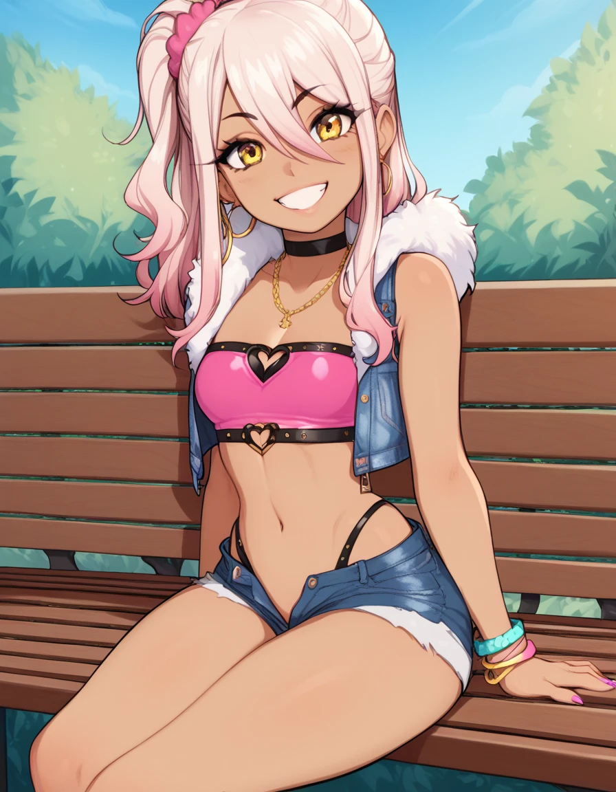 1girl,solo,smile,outdoor,midriff, pink tube top, denim hotpants, open fly, beld, gyaru clothes, thighighs,sitting,bench, chloe,dark_skinned_female,dark_skin,long_hair,pink_hair,yellow_eyes,hair_between_eyes,white_hair,bangs,small_breasts,,half_updo,one_side_up, young girl, loli:1.3, (afrobull), slender waist, nice hips, slut