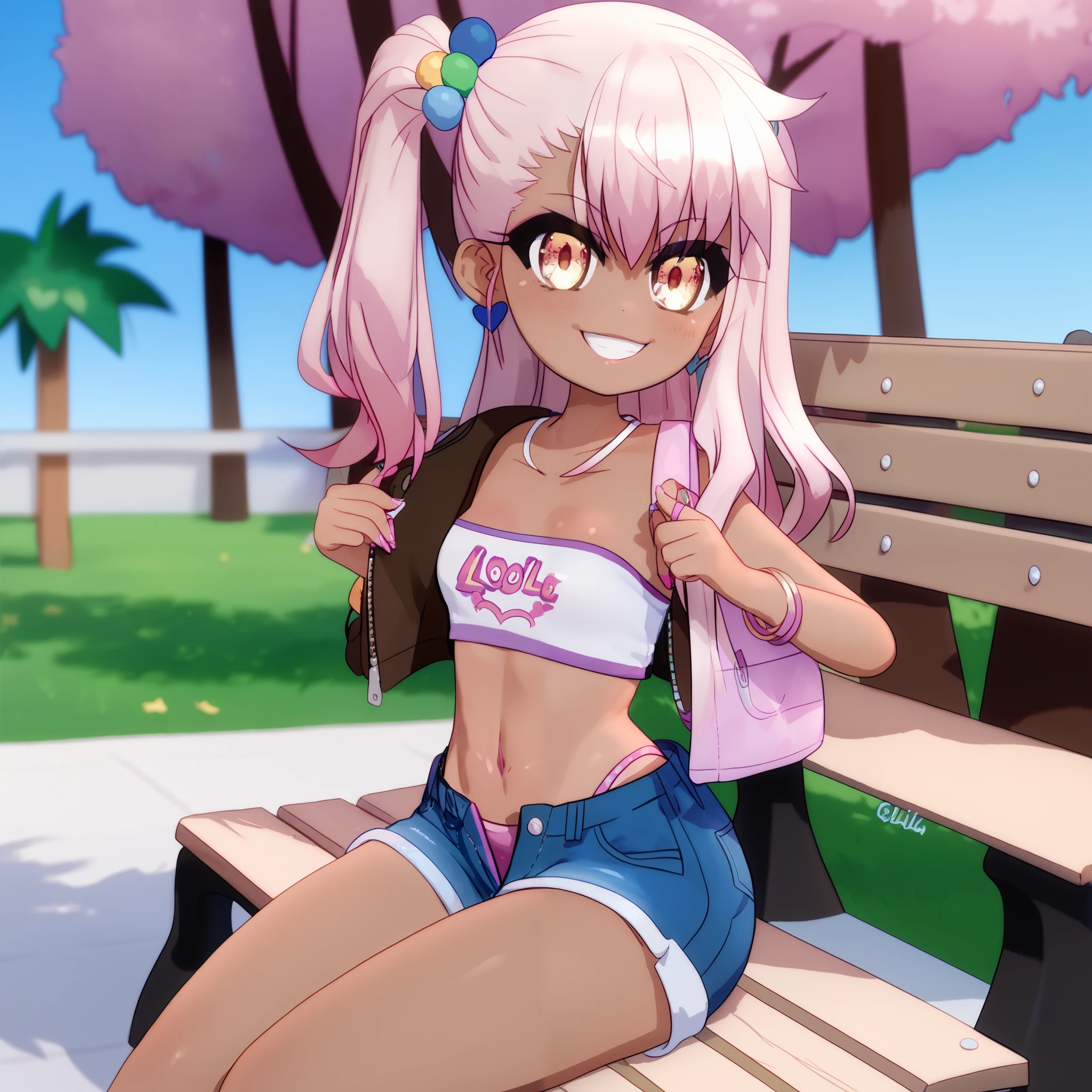 1girl,solo,smile,outdoor,midriff, pink tube top, denim hotpants, open fly, beld, gyaru clothes, thighighs,sitting,bench, chloe,dark_skinned_female,dark_skin,long_hair,pink_hair,yellow_eyes,hair_between_eyes,white_hair,bangs,small_breasts,,half_updo,one_side_up, young girl, (loli:1.3), slender waist, nice hips, slut, side ponytail,