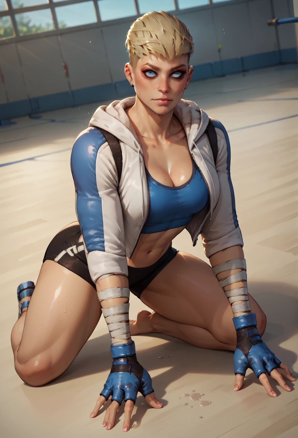 score_9,score_8_up,score_7_up,score_9,score_8_up,score_8,ultra detailed,beautiful face,highres BREAK cassieMK,1girl,solo,short hair,blue eyes,blonde hair,gloves,navel,cleavage,jacket,open clothes,midriff, black bike shorts, fingerless gloves,open jacket,makeup,lips,bandages,very short hair,sports bra,undercut, gym background,from front, fit toned body, wide hips, big ass, glistening wet body, doing push-ups, on ground, feet on ground