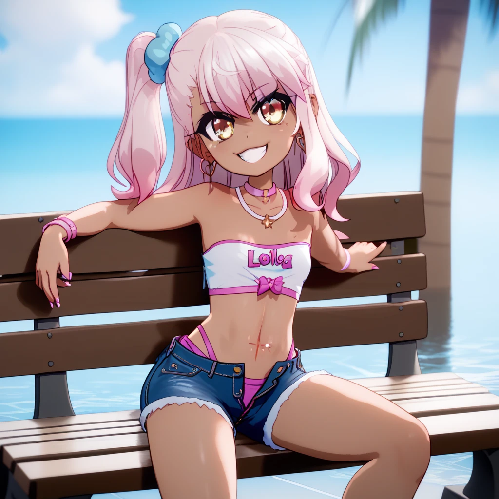 1girl,solo,smile,outdoor,midriff, pink tube top, denim hotpants, open fly, beld, gyaru clothes, thighighs,sitting,bench, chloe,dark_skinned_female,dark_skin,long_hair,pink_hair,yellow_eyes,hair_between_eyes,white_hair,bangs,small_breasts,,half_updo,one_side_up, young girl, (loli:1.3), slender waist, nice hips, slut, side ponytail,