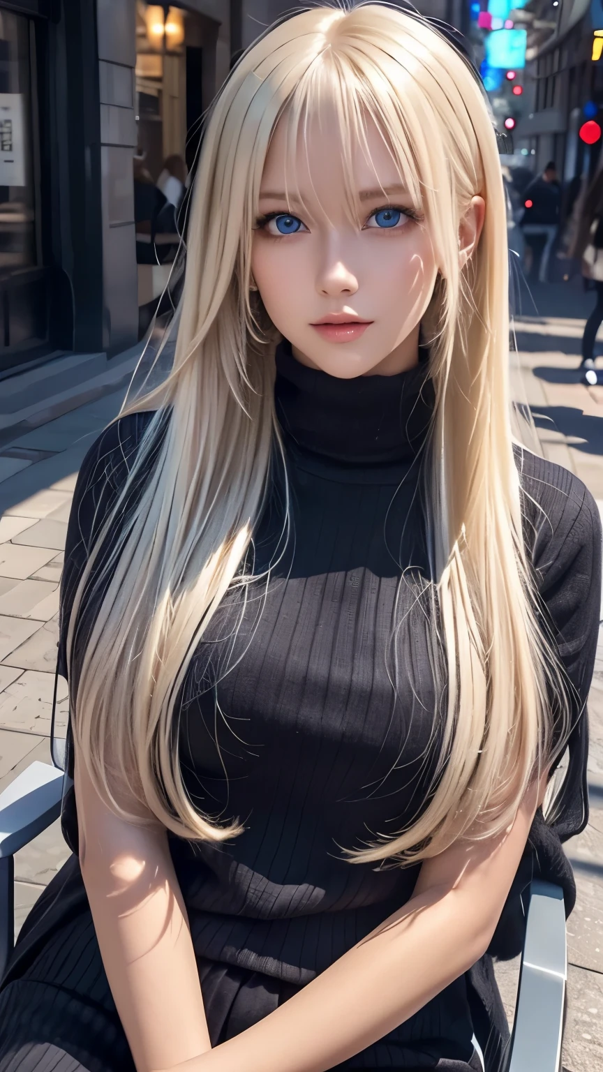 Platinum blonde silky hair、masterpiece、 top quality 、 High Definition 、 High Definition の詳細写真、 professional writing 、(((Tops)))、Bang between the eyes、Hair above the eyes、片Hair above the eyes、、 Strike A Pose 、 portrait、Bright expression、Like々white, Sparkling肌、Looks great、Blonde reflection、 platinum blonde hair with dazzling highlights、Bright and shiny hair,、 long straight hair 、Beautiful shiny bangs、Sparkling、 clear 、 charming big blue eyes 、 very beautiful in a chair , adorable girl、Bust of a Rich Man、(Black tight knitwear), Night Streetscape