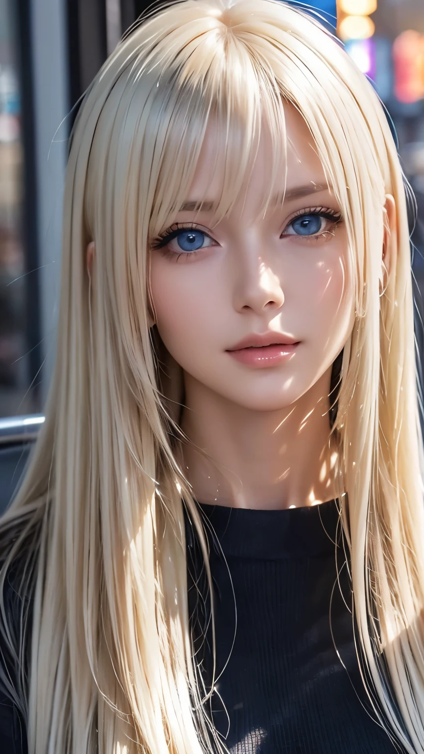 Platinum blonde silky hair、masterpiece、 top quality 、 High Definition 、 High Definition の詳細写真、  professional writing 、(((Tops)))、Bang between the eyes、Hair above the eyes、片Hair above the eyes、、 Strike A Pose 、 portrait、Bright expression、Like々white, Sparkling肌、Looks great、Blonde reflection、 platinum blonde hair with dazzling highlights、Bright and shiny hair,、 long straight hair 、Beautiful shiny bangs、Sparkling、 clear 、 charming big blue eyes 、 very beautiful in a chair ,  adorable girl、Bust of a Rich Man、(Black tight knitwear), Night Streetscape