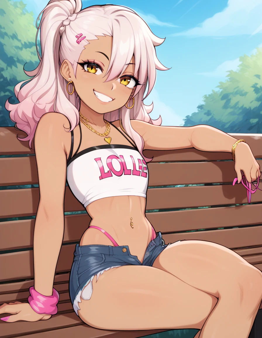 1girl,solo,smile,outdoor,midriff, pink tube top, denim hotpants, open fly, beld, gyaru clothes, thighighs,sitting,bench, chloe,dark_skinned_female,dark_skin,long_hair,pink_hair,yellow_eyes,hair_between_eyes,white_hair,bangs,flat chest,,half_updo,one_side_up, young girl, (**li:1.3), (afrobull), slender waist, nice hips, slut