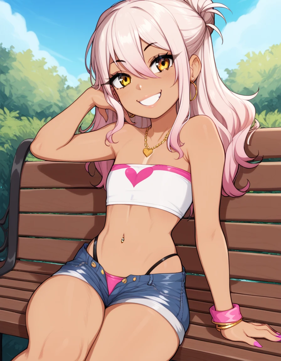 1girl,solo,smile,outdoor,midriff, pink tube top, denim hotpants, open fly, beld, gyaru clothes, thighighs,sitting,bench, chloe,dark_skinned_female,dark_skin,long_hair,pink_hair,yellow_eyes,hair_between_eyes,white_hair,bangs,flat chest,,half_updo,one_side_up, young girl, (**li:1.3), (afrobull), slender waist, nice hips, slut