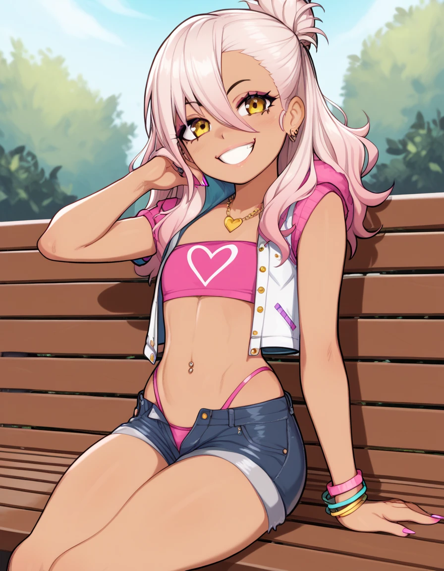 1girl,solo,smile,outdoor,midriff, pink tube top, denim hotpants, open fly, beld, gyaru clothes, thighighs,sitting,bench, chloe,dark_skinned_female,dark_skin,long_hair,pink_hair,yellow_eyes,hair_between_eyes,white_hair,bangs,flat chest,,half_updo,one_side_up, young girl, (**li:1.3), (afrobull), slender waist, nice hips, slut