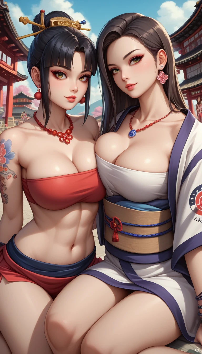 2girls, masterpiece, best quality, highly dramatic picture, beautiful eyes, cinematic lens effect, big beautifully shaped breasts , ultra cute, ultra sexy, ultra curvy, ultra bouncy, Dutch angle, horny , pervert, ((Supermodel)), ((Busty Bitches)), ((Samurai)), , ecchi, anime, cutesy, (sexy photoshoot),  Bratz doll, tube top, miniskirt, dirty alleyway, bracelets, tattoo of Chinese characters, colourful jewellery , Instagram , on her knees  , 