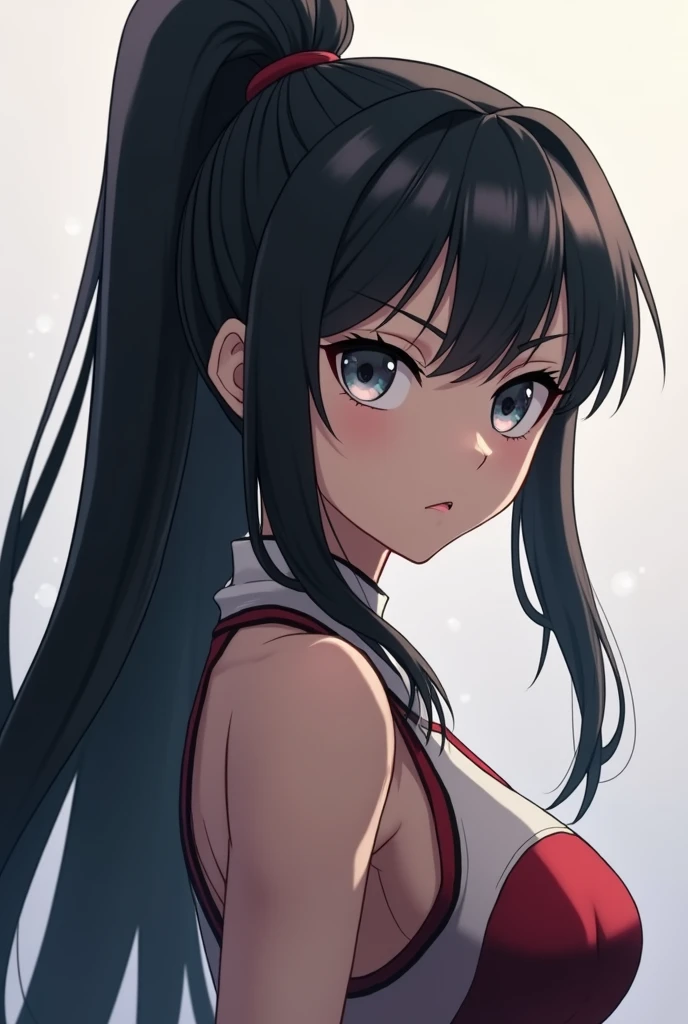 An anime girl with demon slayer drawing style, with the demon hunter uniform, that she has a ponytail with a white ribbon on her forehead and her hair is black with some white hairs, with black eyes, Bella