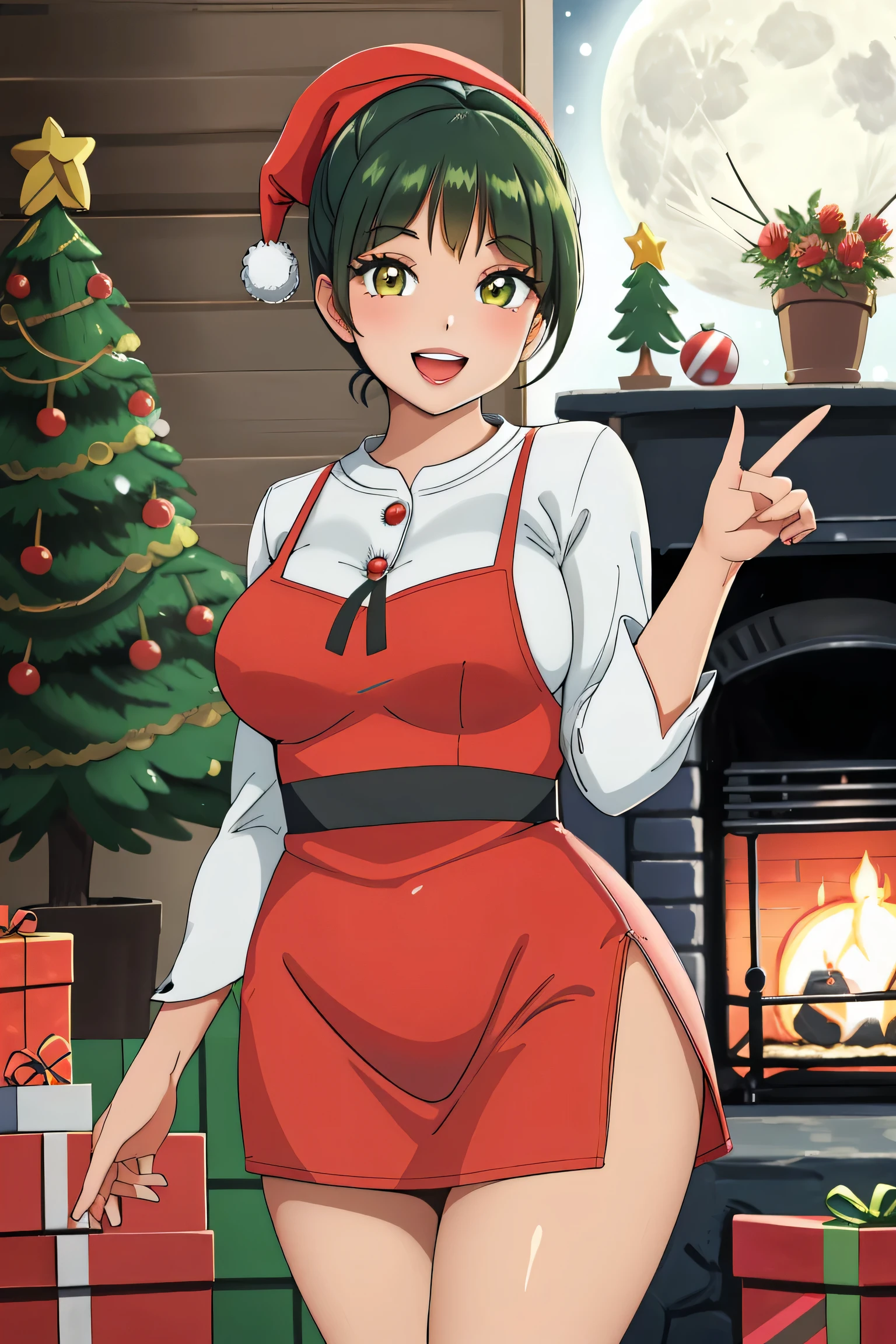 score_9, score_8_up, score_8, medium breasts, (curvy), cute, eyelashes,   solo, 
smile, looking at viewer, cowboy shot, head tilt, full moon, chrlib, scenery, indoors, living room, night, oven, christmas tree, christmas ornaments, red carpet, open mouth, hands behind back,