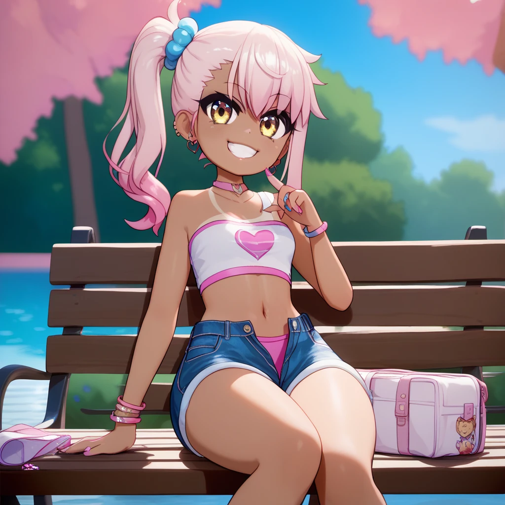 1girl,solo,smile,outdoor,midriff, pink tube top, denim hotpants, open fly, beld, gyaru clothes, thighighs,sitting,bench, chloe,dark_skinned_female,dark_skin,long_hair,pink_hair,yellow_eyes,hair_between_eyes,white_hair,bangs,small_breasts,,half_updo,one_side_up, young girl, (loli:1.3), slender waist, nice hips, slut, side ponytail,