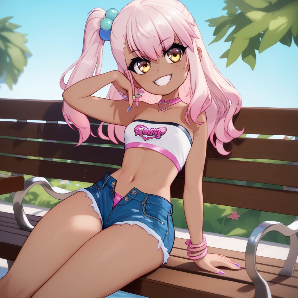 1girl,solo,smile,outdoor,midriff, pink tube top, denim hotpants, open fly, beld, gyaru clothes, thighighs,sitting,bench, chloe,dark_skinned_female,dark_skin,long_hair,pink_hair,yellow_eyes,hair_between_eyes,white_hair,bangs,small_breasts,,half_updo,one_side_up, young girl, (loli:1.3), slender waist, nice hips, slut, side ponytail,