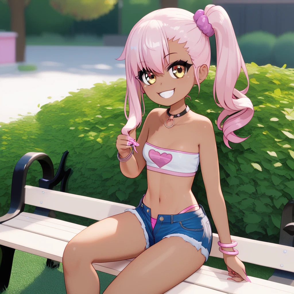 1girl,solo,smile,outdoor,midriff, pink tube top, denim hotpants, open fly, beld, gyaru clothes, thighighs,sitting,bench, chloe,dark_skinned_female,dark_skin,long_hair,pink_hair,yellow_eyes,hair_between_eyes,white_hair,bangs,small_breasts,,half_updo,one_side_up, young girl, (li:1.3), slender waist, nice hips, slut, side ponytail,