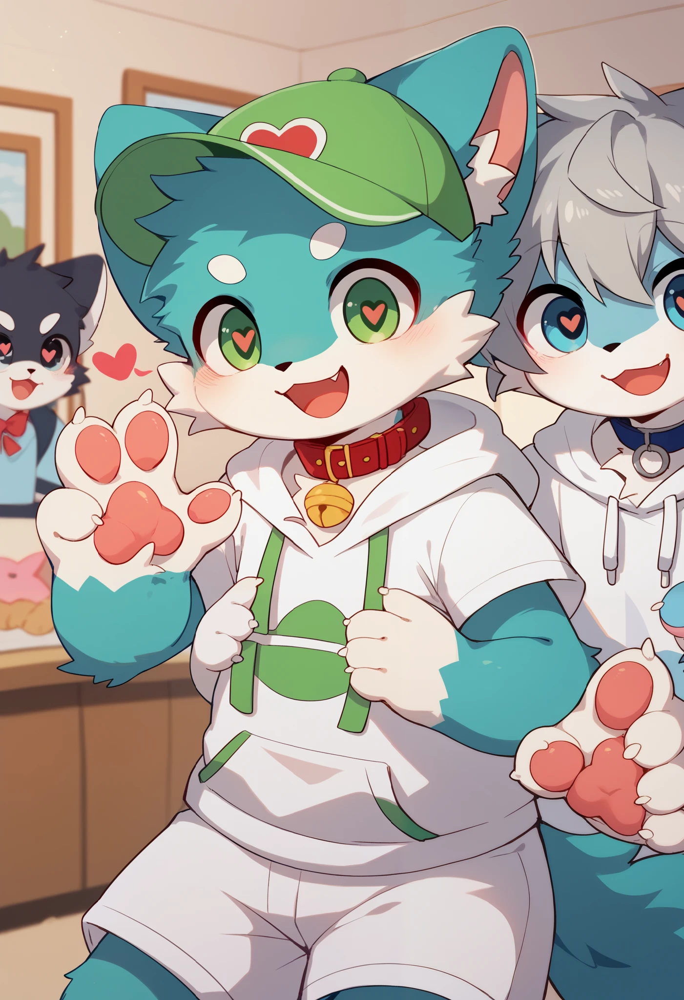  very detailed な, very detailed , gray hair with blue fur ,,male,骨を見てExcited,Heart Eyes,participate,Red collar, green white and colored hat, cute face, fluffy fur like one,Excited,Horny boy,Smiling face, Stylish Room,：cutesy poo [pie]：say in simpery voice,：act cute to guys﻿,kitten,Dropped ears,Beautiful room,,Cheek your hands ,Heart Eyes,Want, into white shorts,WHITE SHORT SLEEVE HOODIE 