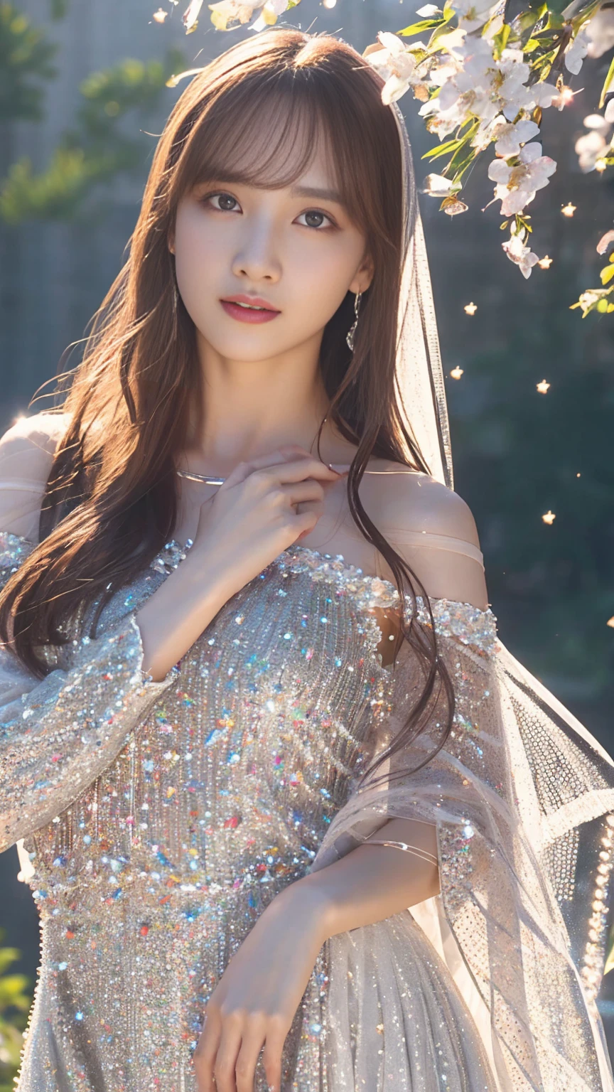  as if their whole body is made of clear crystals 、 hyperrealistic image of a beautiful young woman 。skin、hair、Everything, even the clothes, have changed to clear, shining crystals 、 reflecting light like an exquisitely cut jewel