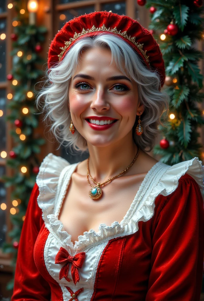 A close-up of Mrs. Claus, dressed in a traditional red velvet dress with white fur trim, her cheerful face framed by silver curls and a warm smile. She wears a soft, lace-trimmed white apron over her dress, and a red bonnet with a decorative bow rests on her head. Her bright eyes sparkle with kindness, and a gentle glow from nearby Christmas lights illuminates her face. In the background, there are hints of holiday decorations like holly, garlands, and soft snowfall, creating a cozy, heartwarming Christmas atmosphere   