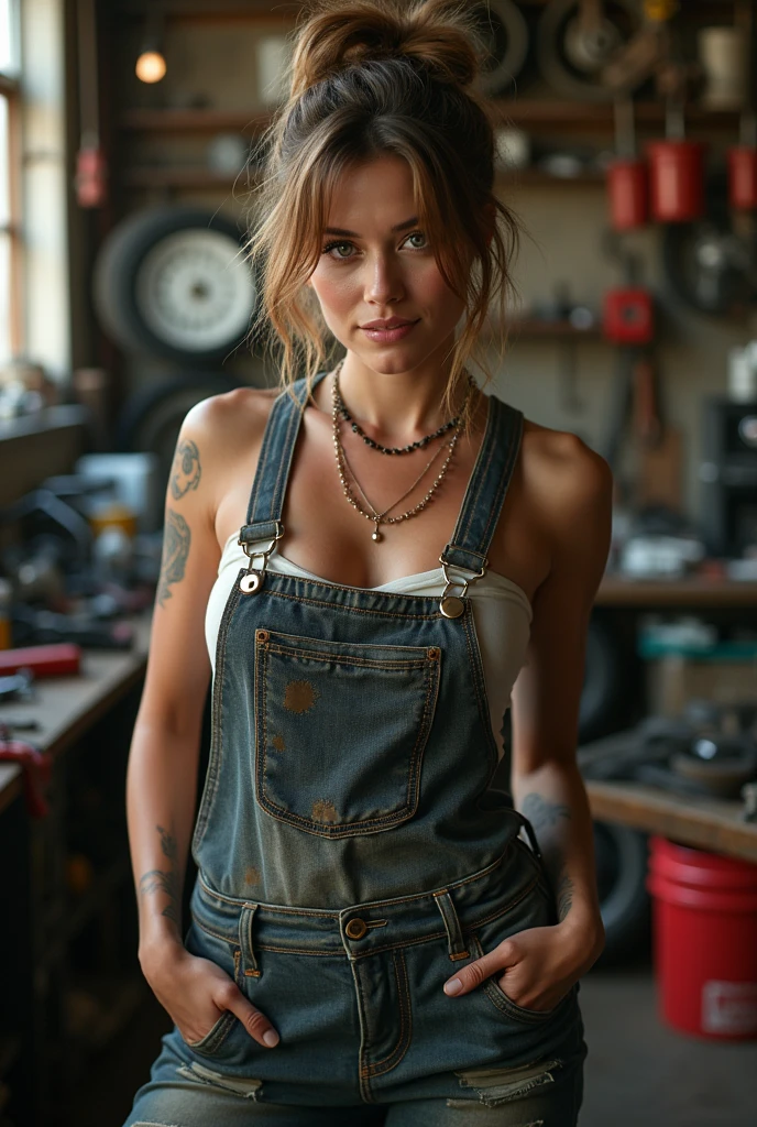A sexy American female mechanic, sexy torn mechanic overalls, topless, bare midriff, pin-up aesthetic, high detail face, high detail skin, 8, HDR, high resolution, photo-realistic, cinematic lighting, depth of field, bokeh, rim lighting, backlit, cool colours, night