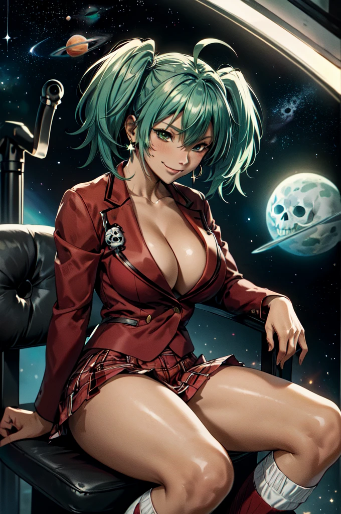 best quality,masterpiece,looking at viewer,absurdres,1girl,score_9,score_8_up,score_7_up,source_anime BREAK ryofu housen, ahoge, magatama earrings, green hair, red blazer, red plaid skirt, single earring, cleavage, white socks, black shoes, close, evil smile, space, stars, planets, sitting on a throne, skulls
front below, dominatrix