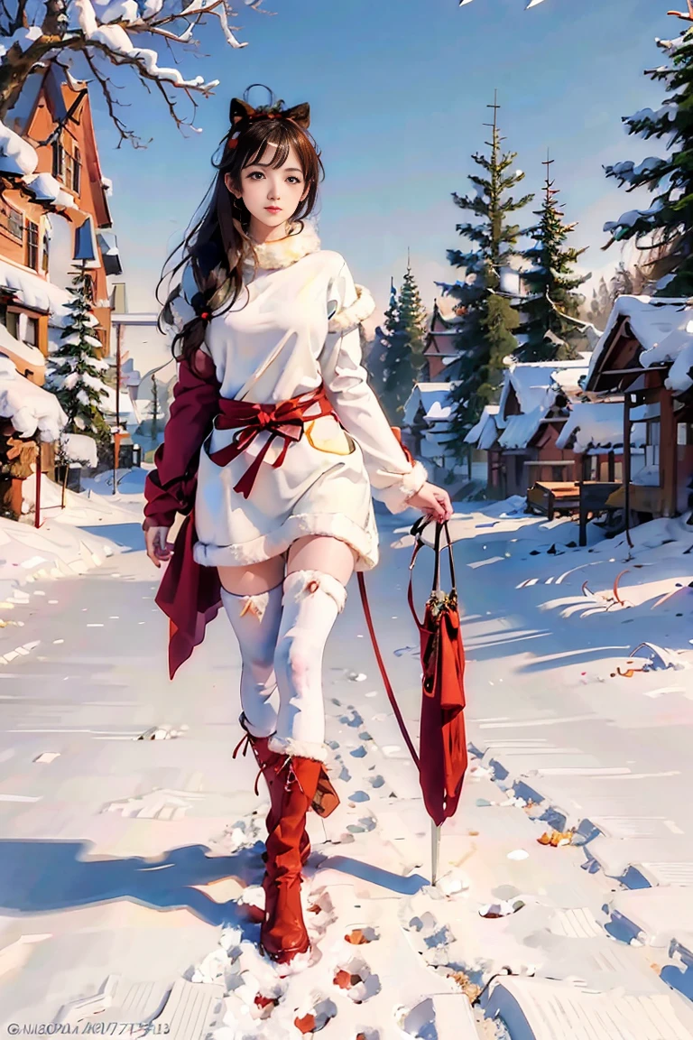 A lone traveler anime character dressed in warm, fur-trimmed clothing, walking through a snow-covered enchanted forest