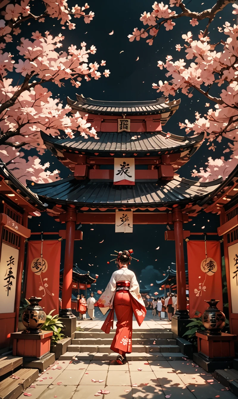 Japanese ancient temple Japanese cherry blossoms Obon festival without characters black background