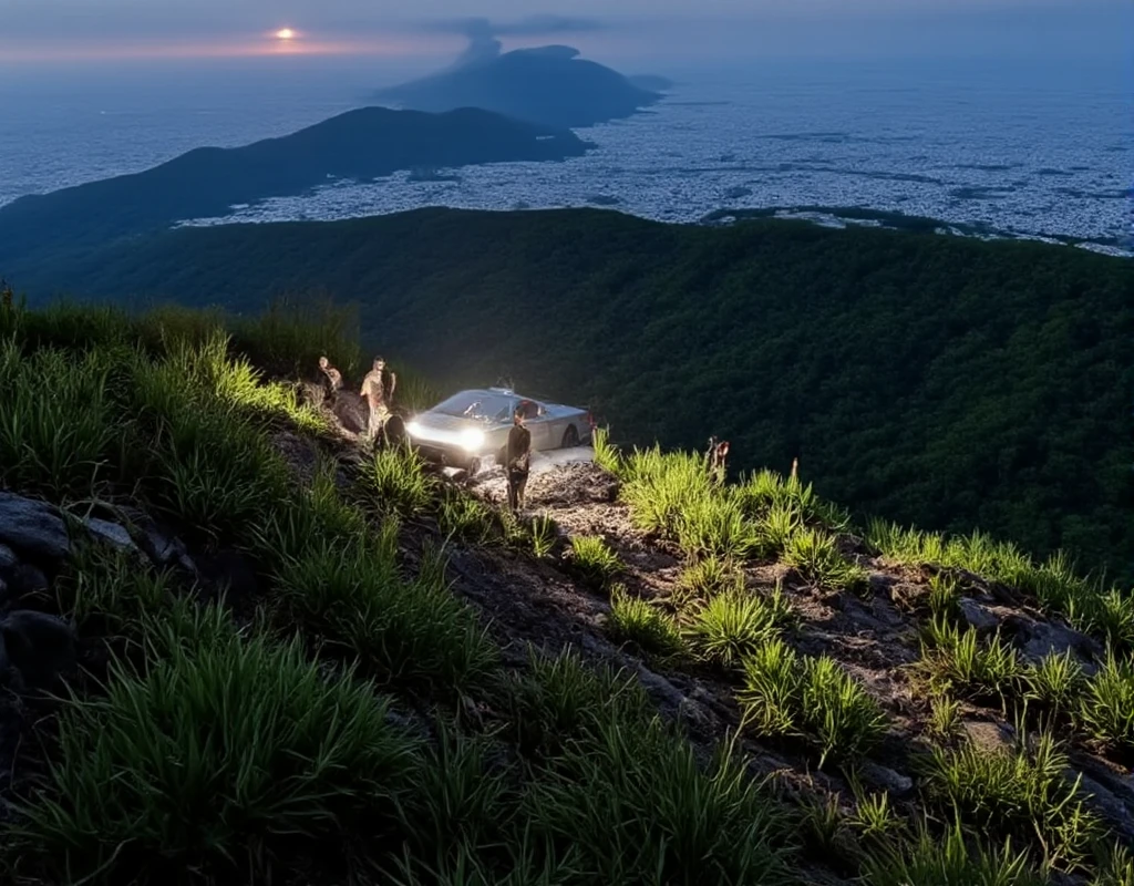 a photography of a grey cybertruck, (cybertruck:1.5), through cerrodelasilla, (cerrodelasilla:1.5), (cerrodelasilla as mountains:1.5), The cybertruck, (cybertruck:1.5), is going up to cerrodelasilla as a extreme sport, The background features rolling hills, dense greenery, natural lighting, seen from sideways, at night, the lights of the cybertruck are on, there are a bunch of zombies around the cybertruck, (zombies:1.5), there are ugly zombies at the photography