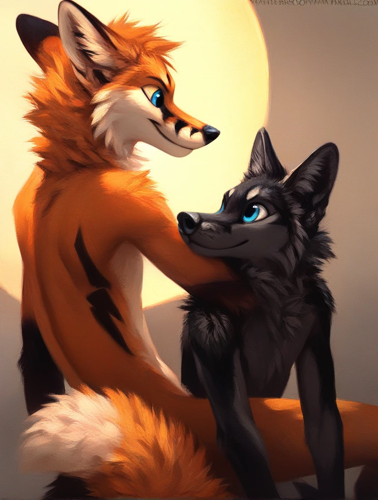 score_9, score_8_up, score_7_up, source_furry, rating_safe, by kenket, anthro, duo, male/male, wolf, black body, blue eyes, fox, orange body, doggy style, on bellies, legs, disappointment, fullbody portrait
