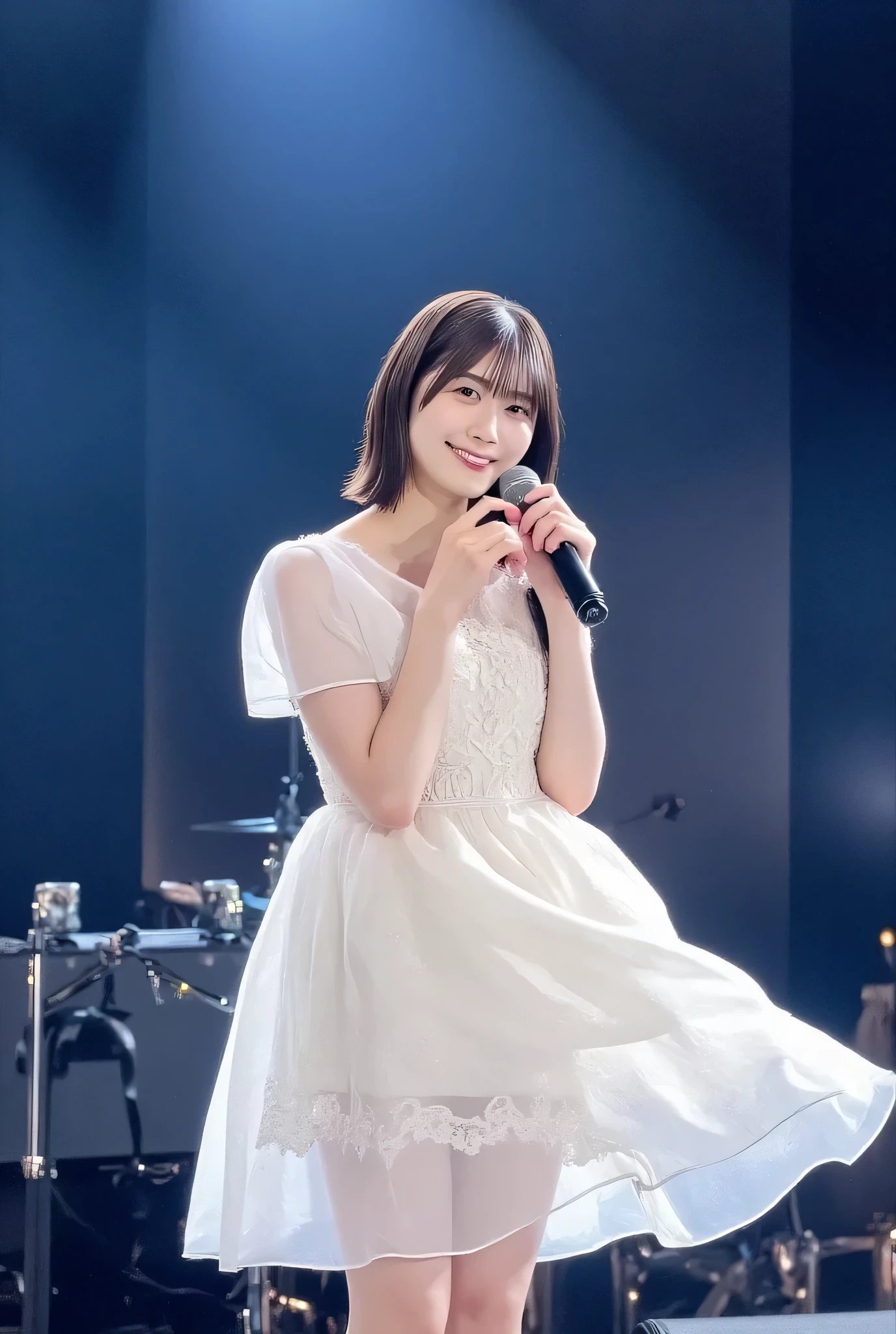 (8k、 RAW photo、 top quality 、masterpiece:1.2)、( realistic 、 realistic )、 1 girl、(( Off-the-Shoulder White Dress、 on stage、 illuminated by a spotlight、 short bob、 FRONT VIEW 、smile、 staring at the camera 、smile、 full body photo:1.5))、cute、 small breasts、 Sing with a microphone 、Do a dance、((My skirt flutters in the wind ))