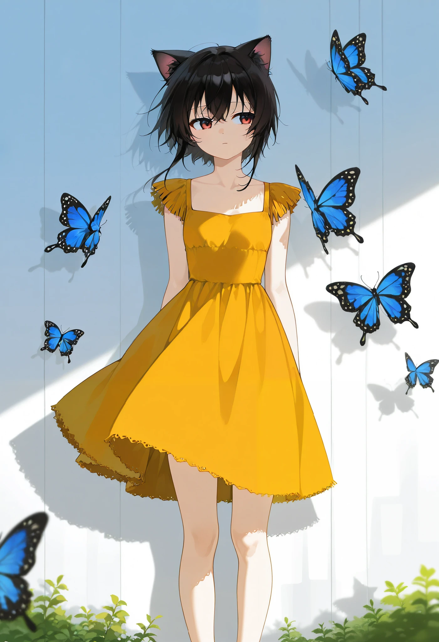 orange dress with butterflies,1 girl,Alone, Looking at the spectator , Way_(junkotvvxl, black hair, fringe, cat ears, red eyes)