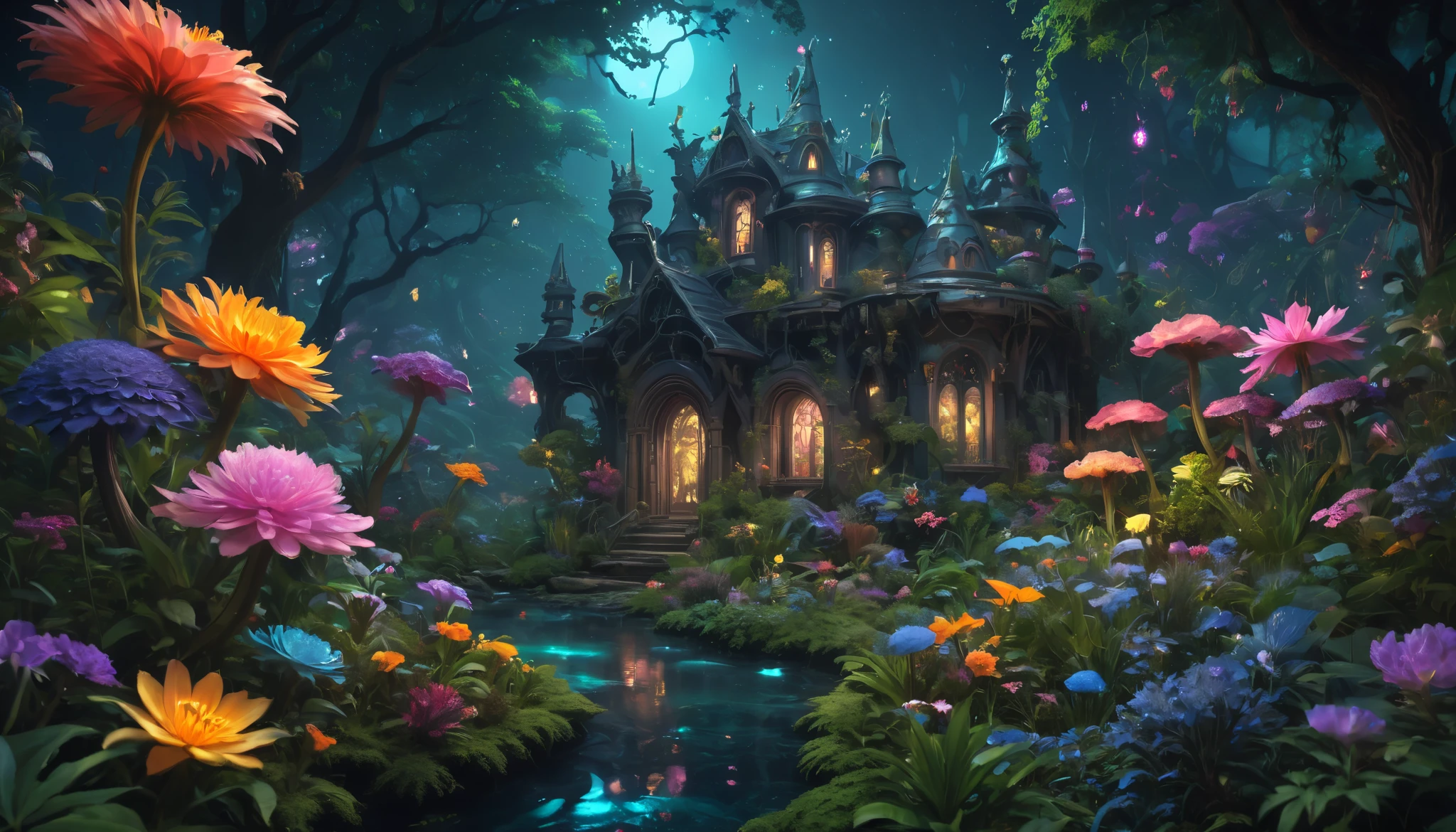 midnight whimsical landscape with magical creatures and flowers and plants, magic the gathering, fantasy, D&D, matte painting, concept art, dynamic lighting, cinematic, epic composition, realistic, 8k resolution, highly detailed, art by Range Murata, highly detailed, 3d, octane render, bright colors, digital painting, trending on artstation, sharp focus, illustration style of Stanley Artgerm, dramatic background