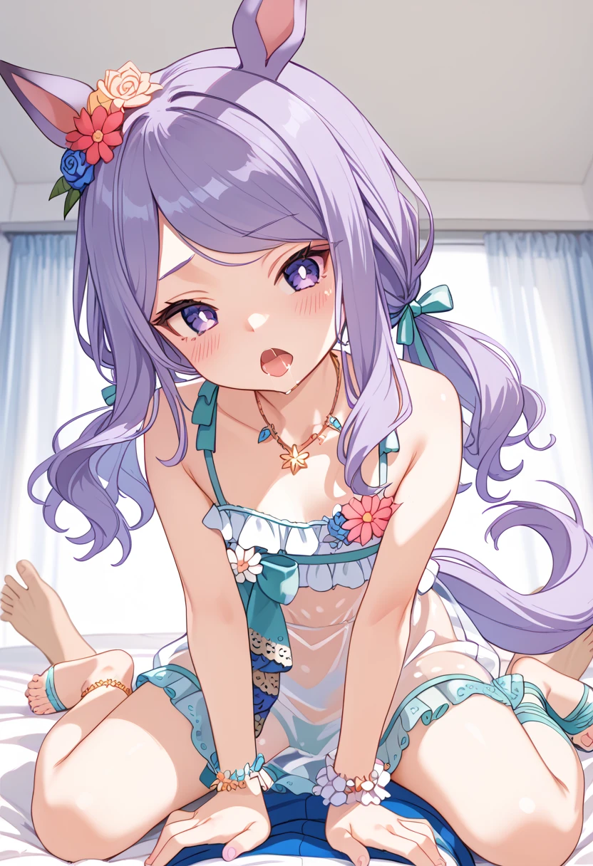 mejiro mcqueen (umamusume), mejiro mcqueen (ripple fairlady) (umamusume), animal ears, anklet, bare shoulders, bikini, bikini under clothes, blush, dress, green bikini, horse ears, horse girl, horse tail, jewelry, long hair, low twintails, necklace, official alternate costume, purple eyes, purple hair, see-through, see-through dress, swimsuit, tail, twintails, dress swimsuit, ear flower, swept bangs, alternate costume, collarbone, highres, violet eyes, ear ornament, flower bracelet, parted bangs, flower, frilled dress, frills, hair flower, hair ornament, alternate hairstyle, green ribbon, hair ribbon, ribbon, official alternate hairstyle, bangs, bow, casual one-piece swimsuit, green bow, hair bow, one-piece swimsuit, sleeveless, sleeveless dress, cleavage,in the room , on the bed,nsfw,female focus,(Perfect hands),(Perfect Anatomy),(perfect pussy),(masterpiece),(highest quality) ,(highest quality eyes1.8), (Staring at me:1.4),(empty eyes, saliva, open mouth), language: Test Anything Protocol (tap)),(Tearful eyes:1.1),(orgasm:1.6),uncensored,1 girl, sex,(cowgirl position), (Leaning forward:),(sitting on the penis:1.3), (lie face down on the boy's chest:1.2),(breasts press to boy's chest:1.8) ,Collapse,(nude),pleased, (littlebreasts),Curvy, (girl trembling with sexual climax:1.4),(nipples),(embarrassed:1.2),1 boy,(pov),(shota:1.5),(onee-shota:1.4),((faceless boy))