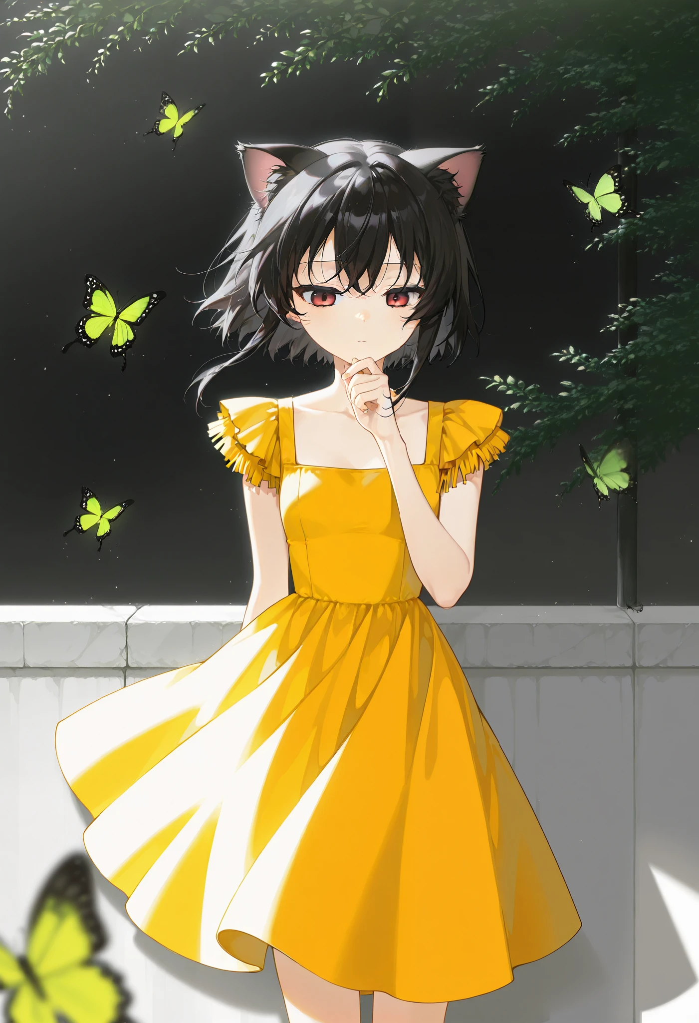 orange dress with butterflies,1 girl,Alone, Looking at the spectator , Way_(junkotvvxl, black hair, fringe, cat ears, red eyes)